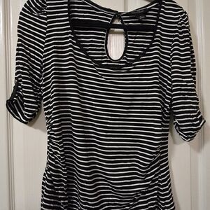 White House Black Market Black and White Striped Short Sleeve Scoop Top